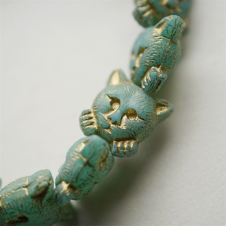 蛋白绿渐变mix描金~小猫托腮猫咪进口高定捷克珠玻璃琉璃 17MM