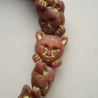 红色微渐变描金~小猫托腮猫咪进口高定捷克珠玻璃琉璃 17MM