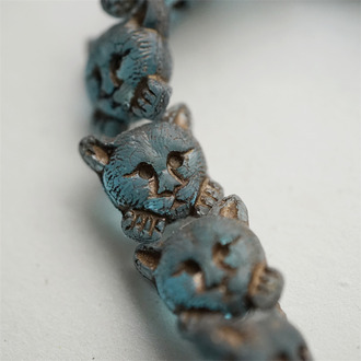 透钴蓝做旧描古铜金~小猫托腮猫咪进口高定捷克珠玻璃琉璃 17MM