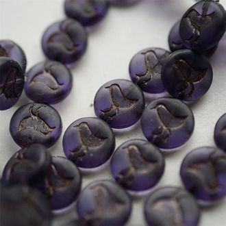 雾面深透紫做旧~扁圆小鸟珠玄鸟珠捷克玻璃琉璃珠复古 12MM