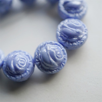 实色婴儿蓝光泽感~高定立体浮雕玫瑰捷克珠玻璃琉璃 18X15MM