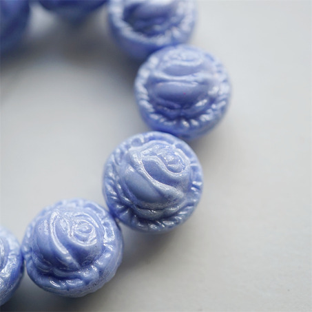 实色婴儿蓝光泽感~高定立体浮雕玫瑰捷克珠玻璃琉璃 18X15MM-5