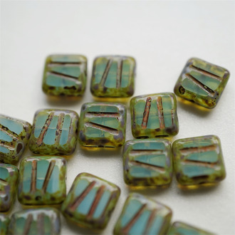 复古做旧铜锈蛋白绿~条纹方形古董系捷克珠玻璃琉璃 10MM