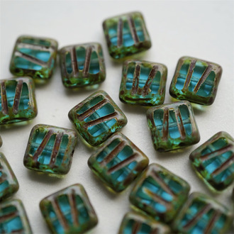 透感湖水蓝毕加索做旧描色~条纹方形古董系捷克珠玻璃琉璃 10MM