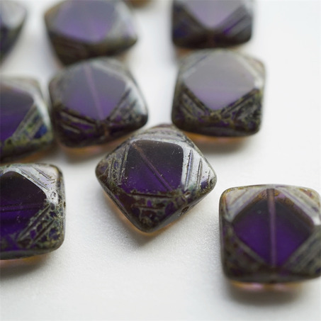 斑驳做旧透深紫~古董风浮雕方形菱形方块捷克珠玻璃琉璃珠 15MM-4