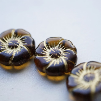 透咖色描金~捷克珠夸张大花朵玻璃琉璃珠 22MM