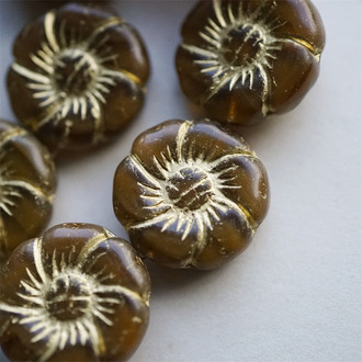 高级感渐变棕色描金~捷克珠夸张大花朵玻璃琉璃珠 22MM