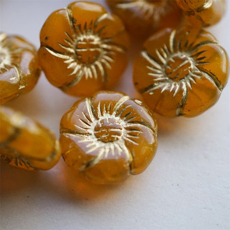 果冻橘色描金~捷克珠夸张大花朵玻璃琉璃珠 22MM