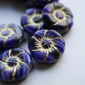 条纹牛仔蓝描金~捷克珠夸张大花朵玻璃琉璃珠 22MM