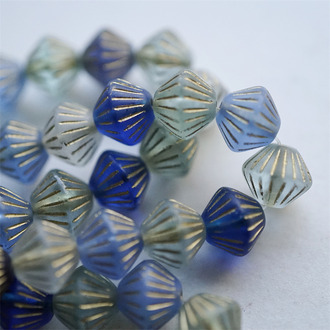 5枚入！雾面蓝色mix描金色~菱形立体百搭捷克珠琉璃珠几何风串珠材料 10MM