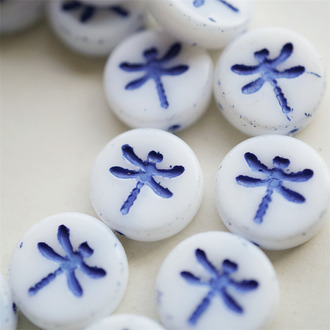奶油白描蓝色~复古蜻蜓捷克珠玻璃珠琉璃 17MM
