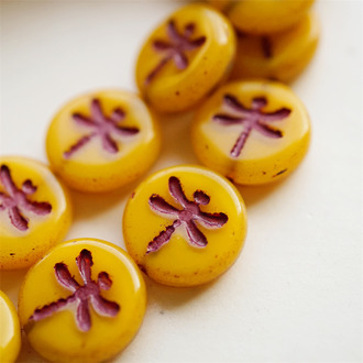 中橘色描彩绘红~复古蜻蜓捷克珠玻璃珠琉璃 17MM