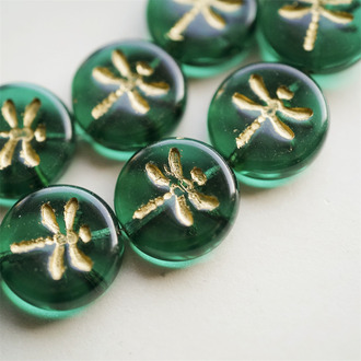 透祖母绿描金色~复古蜻蜓捷克珠玻璃珠琉璃 17MM