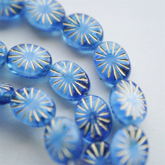 透蓝夹心描金色~椭圆放射纹捷克玻璃琉璃珠 14X11MM