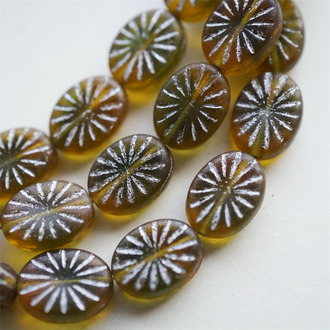 琥珀幽兰配色描银色~椭圆放射纹捷克玻璃琉璃珠 14X11MM