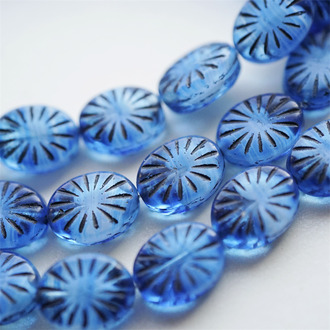 海洋风夹心蓝渐变描黑色~椭圆放射纹捷克玻璃琉璃珠 14X11MM