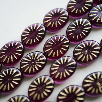 透深紫红色描金色~椭圆放射纹捷克玻璃琉璃珠 14X11MM