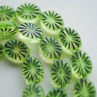 萤火绿描黑色~椭圆放射纹捷克玻璃琉璃珠 14X11MM