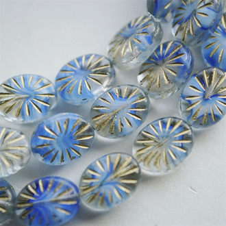 透明蓝色条纹夹心描金色~椭圆放射纹捷克玻璃琉璃珠 14X11MM