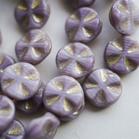 丝绸紫色描金色~扁圆十字纹捷克珠玻璃琉璃珠 14MM-2