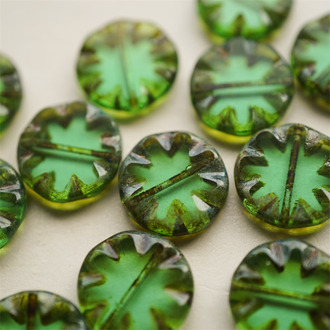 稀有透感做旧海绿色~可爱花边扁圆捷克珠玻璃琉璃珠 18MM