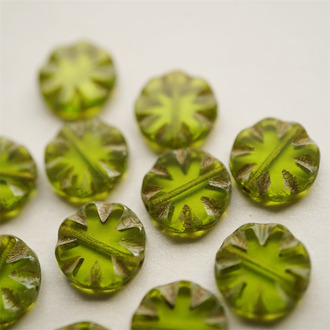 稀有透感做旧橄榄绿色~可爱花边扁圆捷克珠玻璃琉璃珠 14MM