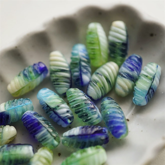 海洋蓝绿渐变~条纹梭形珠捷克珠玻璃琉璃珠 14X7MM