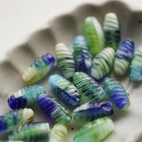 海洋蓝绿渐变~条纹梭形珠捷克珠玻璃琉璃珠 14X7MM-4