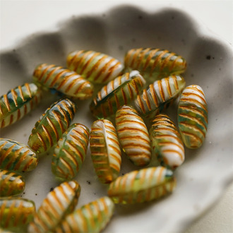 橙绿色彩绘渐变~条纹梭形珠捷克珠玻璃琉璃珠 14X7MM