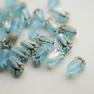 蚀刻梦幻蓝做旧描金色~百搭绝美郁金香捷克珠玻璃琉璃珠 12X8MM