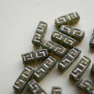 铜锈蛋白绿描银色~长方形古风纹样柱形珠捷克珠玻璃琉璃 15X5MM