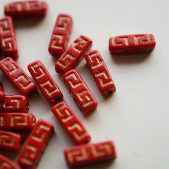 亮面红色玫瑰金~长方形古风纹样柱形珠捷克珠玻璃琉璃 15X5MM