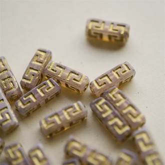 蛋白灰粉色描金~长方形古风纹样柱形珠捷克珠玻璃琉璃 15X5MM