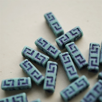 雾面做旧蓝绿色~长方形古风纹样柱形珠捷克珠玻璃琉璃 15X5MM