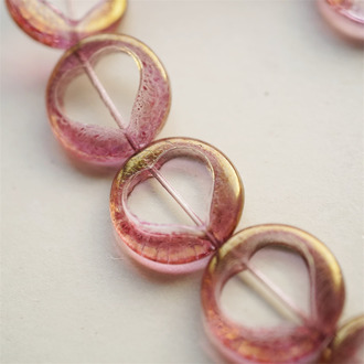 绝美透明玫瑰粉色~扁圆爱心夸张捷克珠玻璃琉璃珠 21MM