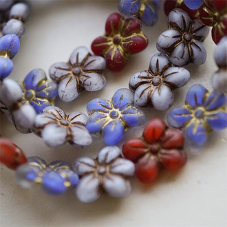 5枚入！复古灰蓝红色系mix~捷克珠小花花花朵琉璃珠玻璃珠DIY串珠材料 14MM