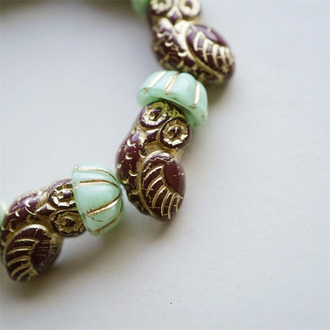 深红色拼薄荷绿描金~可爱造型帽子猫头鹰套组捷克珠玻璃琉璃珠 17X15MM/12X7MM