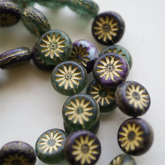 5枚入！墨黑蓝绿mix描金色~扁圆放射小花捷克珠玻璃琉璃 12MM