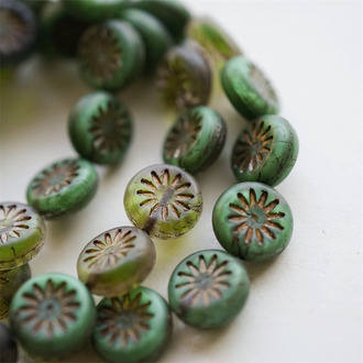5枚入！深绿色系mix古铜金~扁圆放射小花捷克珠玻璃琉璃 12MM