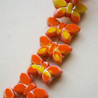 橘涩霞黄色渐变mix炫彩斑驳边边~高定蝴蝶珠玻璃琉璃珠 20X12MM