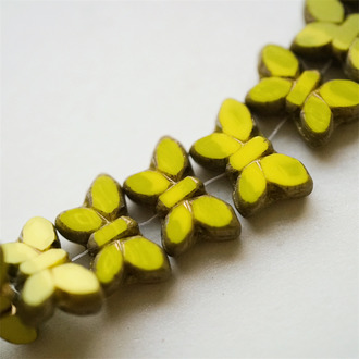 芥末黄绿色渐变mix金属光泽边~高定蝴蝶珠玻璃琉璃珠 20X12MM