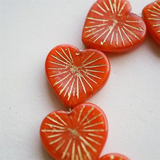 红色系mix描金色~放射形大爱心捷克珠玻璃琉璃串珠 22MM