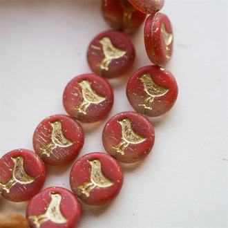 红色系哑光渐变mix描金~扁圆小鸟珠玄鸟珠捷克玻璃琉璃珠复古 12MM