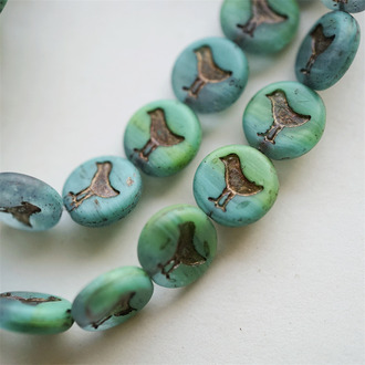 哑光清新湖绿色做旧古铜色~扁圆小鸟珠玄鸟珠捷克玻璃琉璃珠复古 12MM