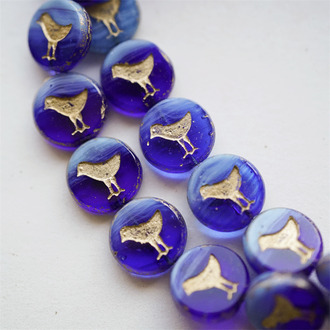亮面深蓝色系描金mix~扁圆小鸟珠玄鸟珠捷克玻璃琉璃珠复古 12MM