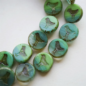 青草绿渐变做旧斑驳色~扁圆小鸟珠玄鸟珠捷克玻璃琉璃珠复古 12MM