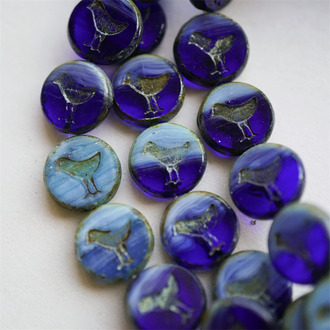 深蓝色系渐变mix做旧斑驳色~扁圆小鸟珠玄鸟珠捷克玻璃琉璃珠复古 12MM