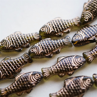 深茶绿描玫瑰金色~可爱锦鲤鱼鱼小鱼干捷克珠玻璃琉璃珠 25X14MM