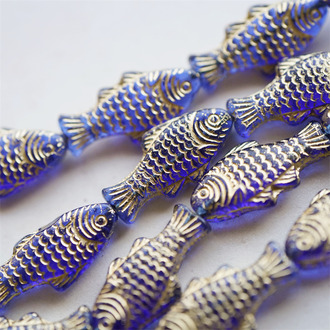 深宝石蓝描金色~可爱锦鲤鱼鱼小鱼干捷克珠玻璃琉璃珠 25X14MM