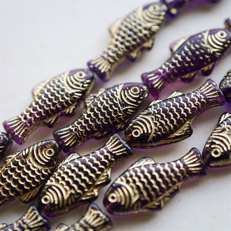 深透紫mix描金色~可爱锦鲤鱼鱼小鱼干捷克珠玻璃琉璃珠 25X14MM